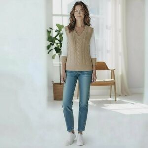 Anthropologie Pilcro Tan & White Cable Knit V Neck Sweater Medium